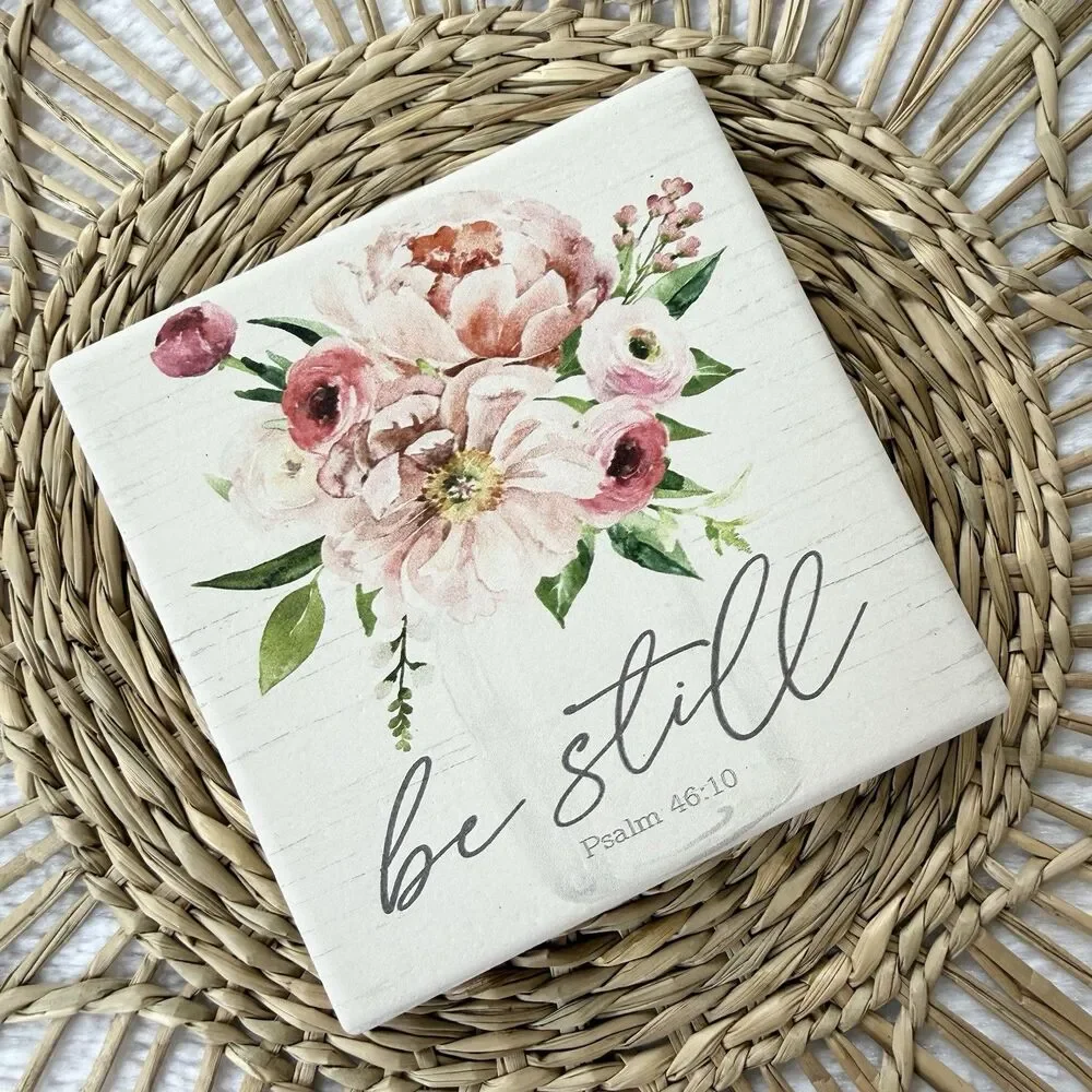 Floral Bible “Be Still” Psalm 46:10 Ceramic Coaster With Cork Bottom